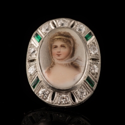Hand Painted Porcelain Platinum Diamond and Emerald Pin